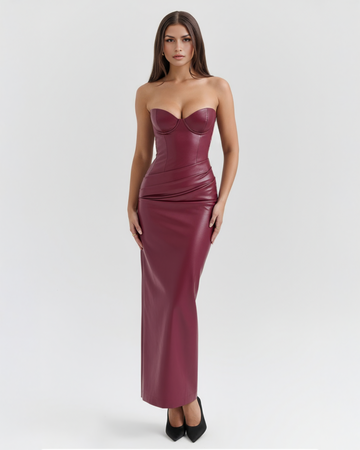Poppy | Burgundy Strapless Leather Midi Dress